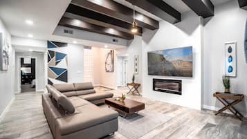 Smart TV, fireplace, stereo, computer monitors
