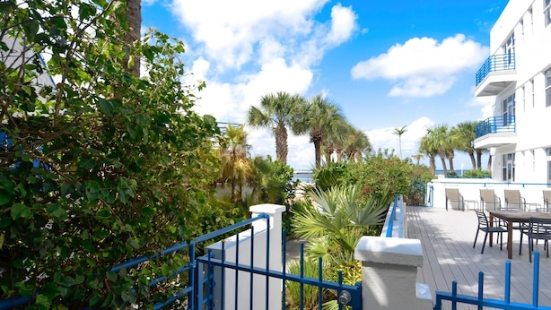 A hotel patio with outdoor seating, palm trees, and a clear blue sky. - Truman's Hideaway | Top Location w/ Patio, Pool Access & BBQ | Month Long Stays (Key West)