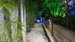 Camí vorejat per plantes tropicals i una tanca de fusta, que condueix a una construcció amb il·luminació blava.