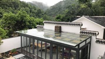 A modern glass-roofed room with a view of a lush forested hillside.