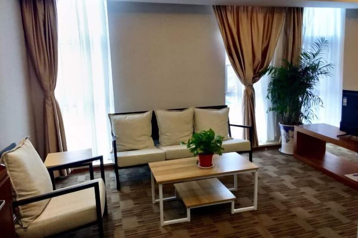 Un salon avec un canapé, une table basse et un fauteuil. On peut voir une plante sur la table basse.
