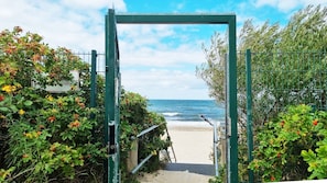 A pathway leading to a beach with a metal gate and lush greenery on both sides.