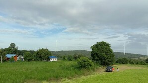 Paisaje rural con aerogeneradores, una casa con techo azul y un coche estacionado en un camino de tierra.