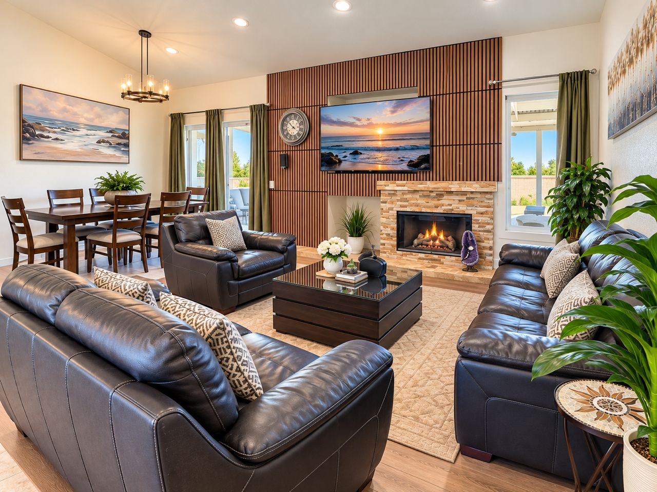 A modern living room with leather sofas, a coffee table, and a fireplace.
