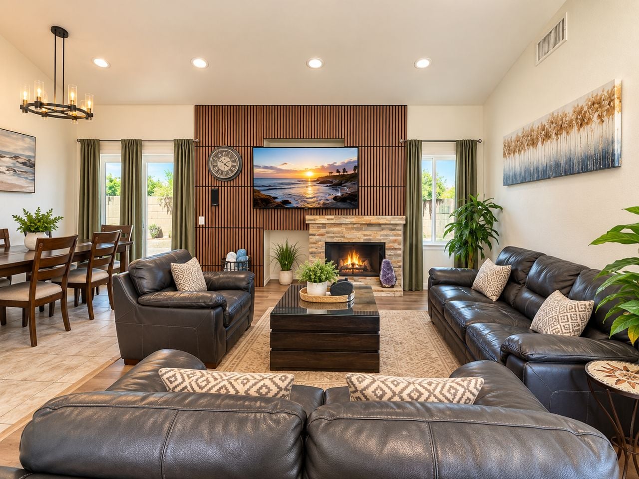 A modern living room with leather sofas, a flat-screen TV, a fireplace, and a dining area with wooden furniture.