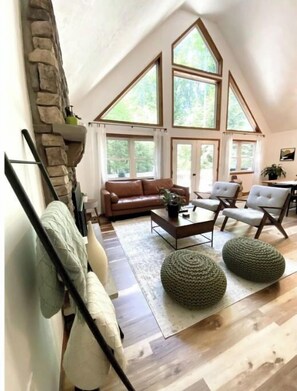 Smart TV, chimenea, libros y estéreo 