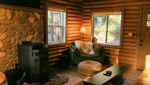 Ein gemütliches Blockhaus-Interieur mit einer Steinwand, einem grünen Sessel, einem Kamin und Blick auf den Wald durch große Fenster.