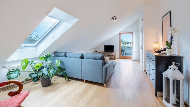 A modern loft apartment with a skylight, a grey sofa, a TV, a wooden floor, and a potted plant.