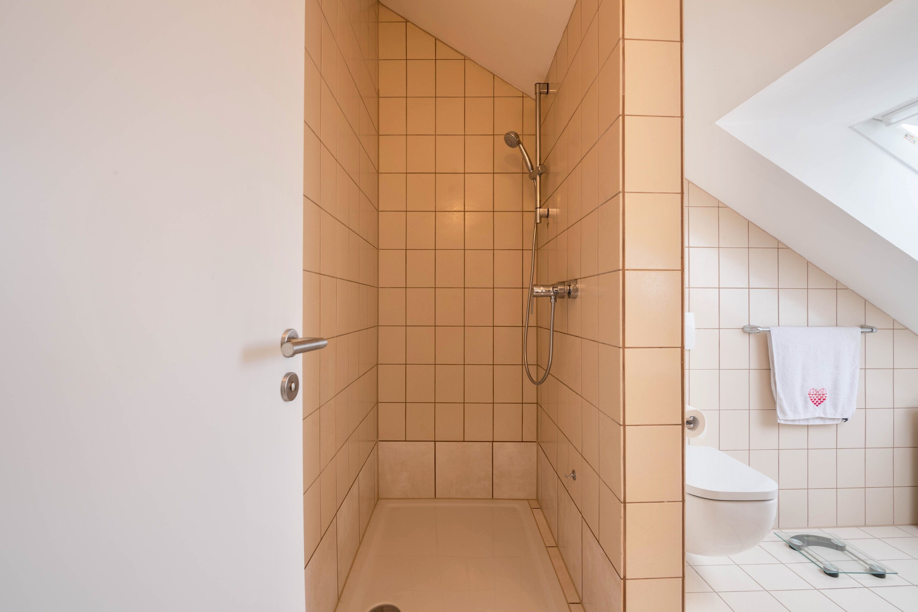 A bathroom with a shower, toilet, and a towel rack with a towel.