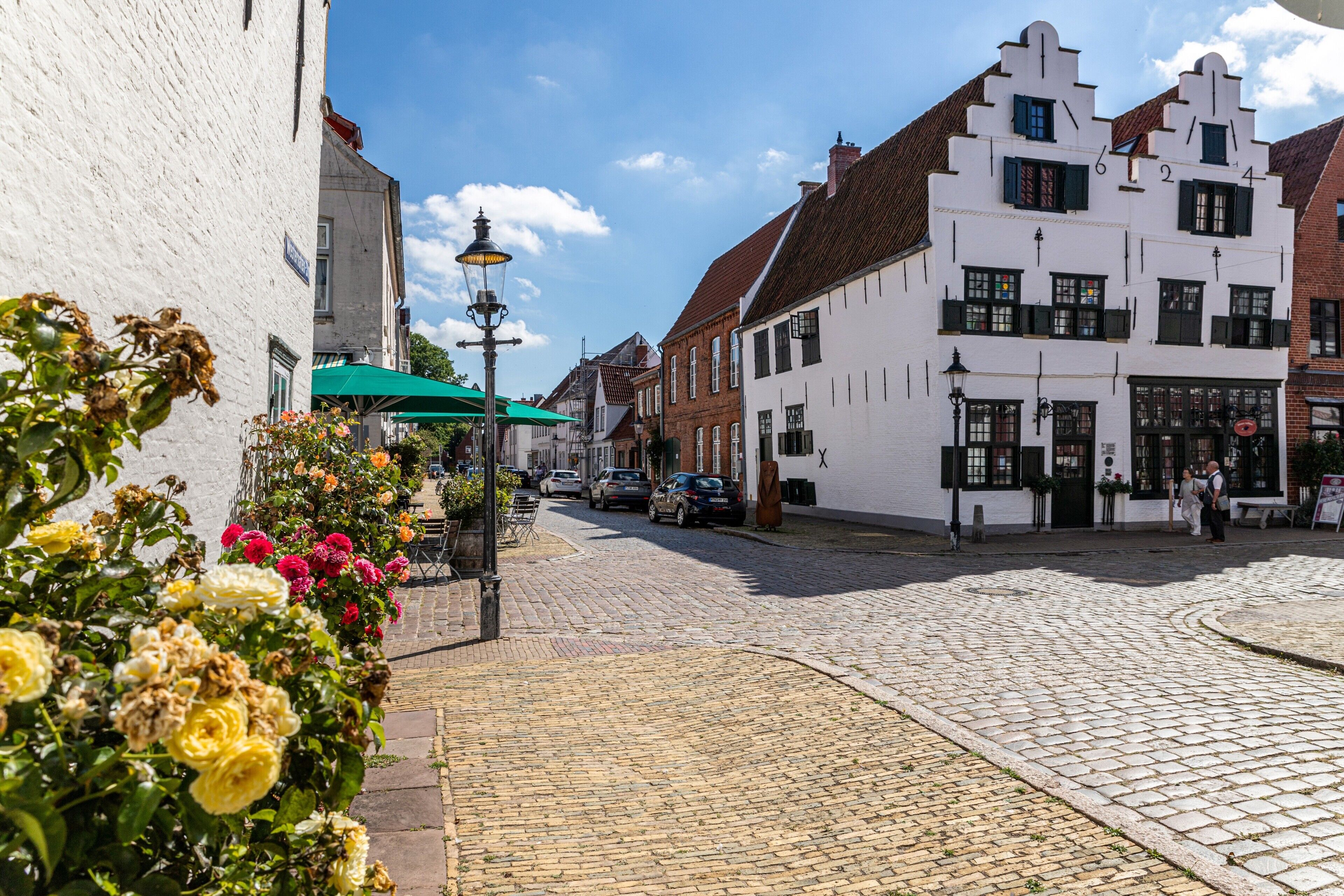 Eine Kopfsteinpflasterstraße gesäumt von historischen Gebäuden, einer Straßenlaterne und einem Rosenbeet.