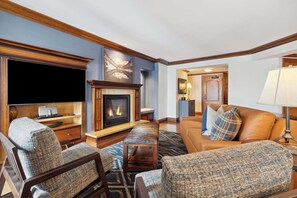 Flat-screen TV, fireplace