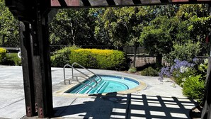 Una piscina con escalera metálica, rodeada de follaje y una pérgola de madera.