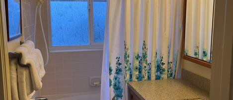 Ein Badezimmer mit einer Badewanne, einer Dusche, einem Waschbecken und einem Fenster.