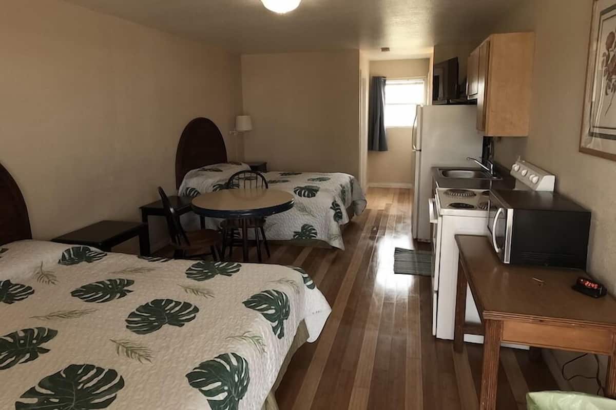 A compact room with two single beds, a small dining table, a kitchenette, and a ceiling light.