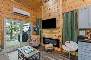 Télévision, cheminée, chaîne hi-fi