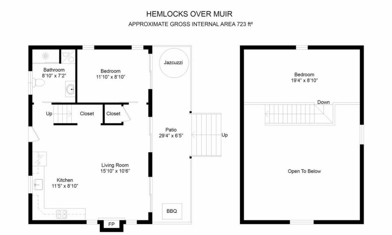 A floor plan of a 723 ft² apartment with a living room, kitchen, two bedrooms, a bathroom, and a patio.