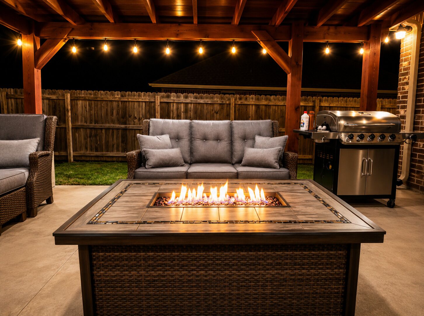 An outdoor patio with a fire feature, a grill, and seating.