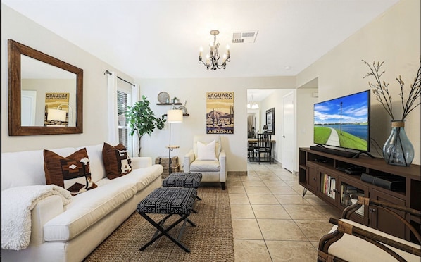 Smart TV, DVD player, books, video library