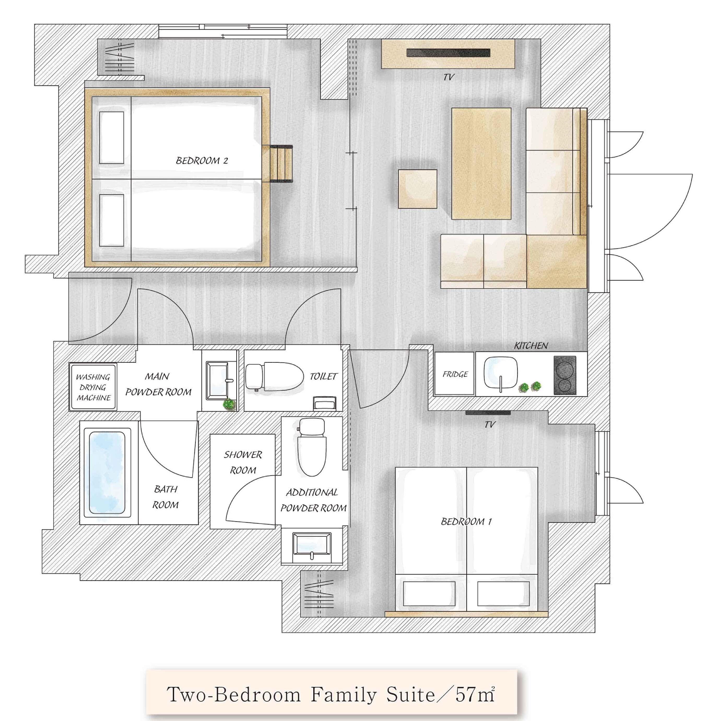 Grundriss einer Familien-Suite mit zwei Schlafzimmern, einem Haupt-Gästebad, zwei Schlafzimmern, einer Küche, einem Fernseher, einem Fernseher im Wohnbereich, einer Waschmaschine, einem Kühlschrank, einer Toilette, einem Duschbad und einem zusätzlichen Gästebad.
