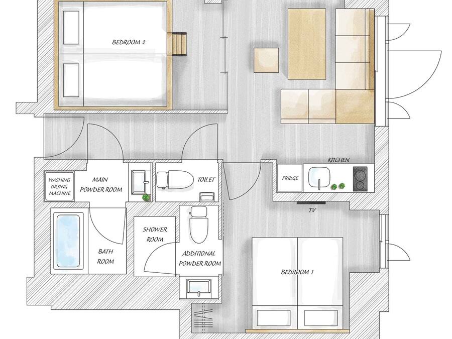 Grundriss einer Familien-Suite mit zwei Schlafzimmern, einem Haupt-Gästebad, zwei Schlafzimmern, einer Küche, einem Fernseher, einem Fernseher im Wohnbereich, einer Waschmaschine, einem Kühlschrank, einer Toilette, einem Duschbad und einem zusätzlichen Gästebad.