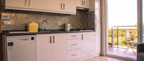 Full-size fridge, stovetop, dishwasher, cookware/dishes/utensils
