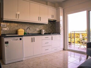 Full-sized fridge, stovetop, dishwasher, cookware/dishes/utensils