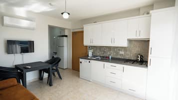 Full-size fridge, stovetop, dishwasher, cookware/dishes/utensils