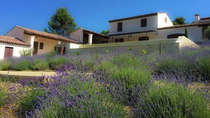 A traditional villa with a stone wall, a garden with lavender, and a clear blue sky. - Villa in Provence with Infinity Pool (Apt)