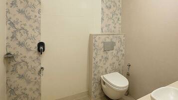 A bathroom with a toilet, bidet, and shower.