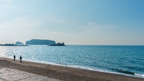 A beach with a clear sky, calm sea, and distant rocky formations. - Ryushima Ocean View Villa (Kyonan)