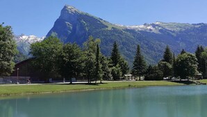 A lakeside view with a mountain in the background, a wooden building, and several trees. - Spacious chalet near shops, pets allowed! (Samoëns)