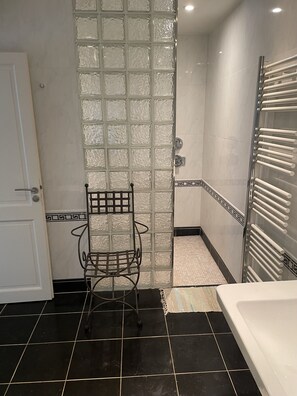 Bathtub, hair dryer, bidet, towels