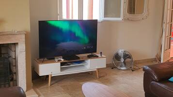TV connectée, cheminée, jeux vidéo, lecteur de DVD