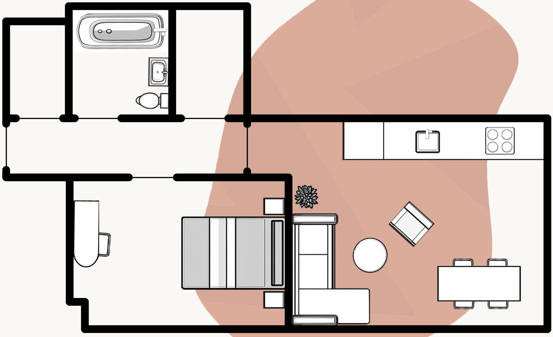 A floor plan of a hotel room with a kitchenette, a sitting area with a sofa and a table, and a separate bathroom.