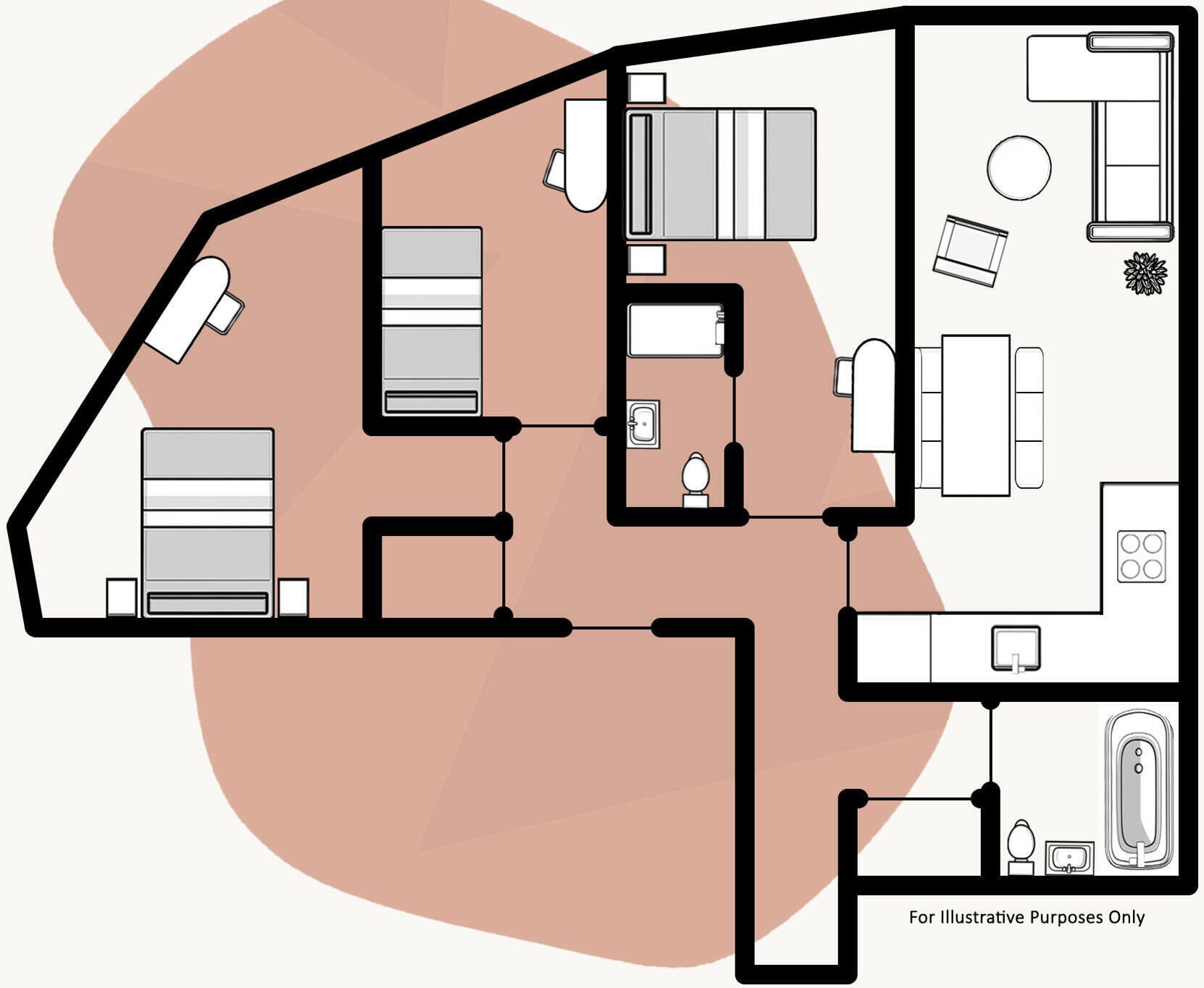 A floor plan of a hotel room with a bed, a desk, a chair, a bathroom, and a small kitchen area.
