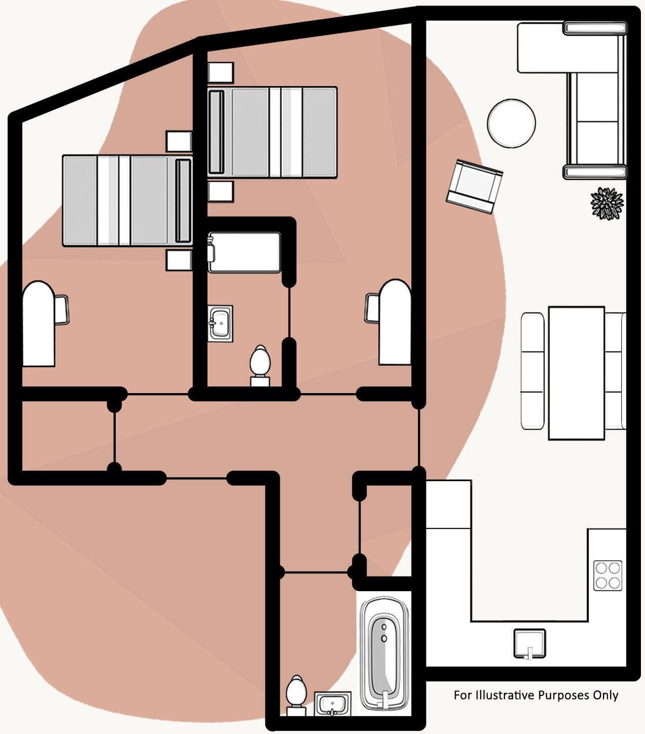 Un plan d’étage d’une chambre d’hôtel comprenant une salle de bain, un coin cuisine, un espace de vie et une chambre à coucher.