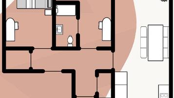 A floor plan of a hotel room with a bathroom, a kitchenette, a living area, and a bedroom.