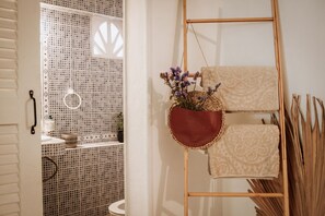 Shower, hair dryer, towels, toilet paper