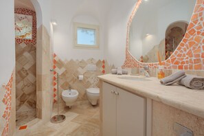 Shower, bidet, towels, toilet paper