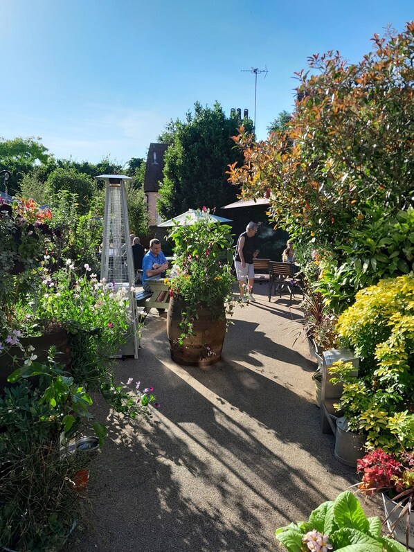 Un jardín con varias plantas en macetas, una estructura metálica alta y un banco de madera.