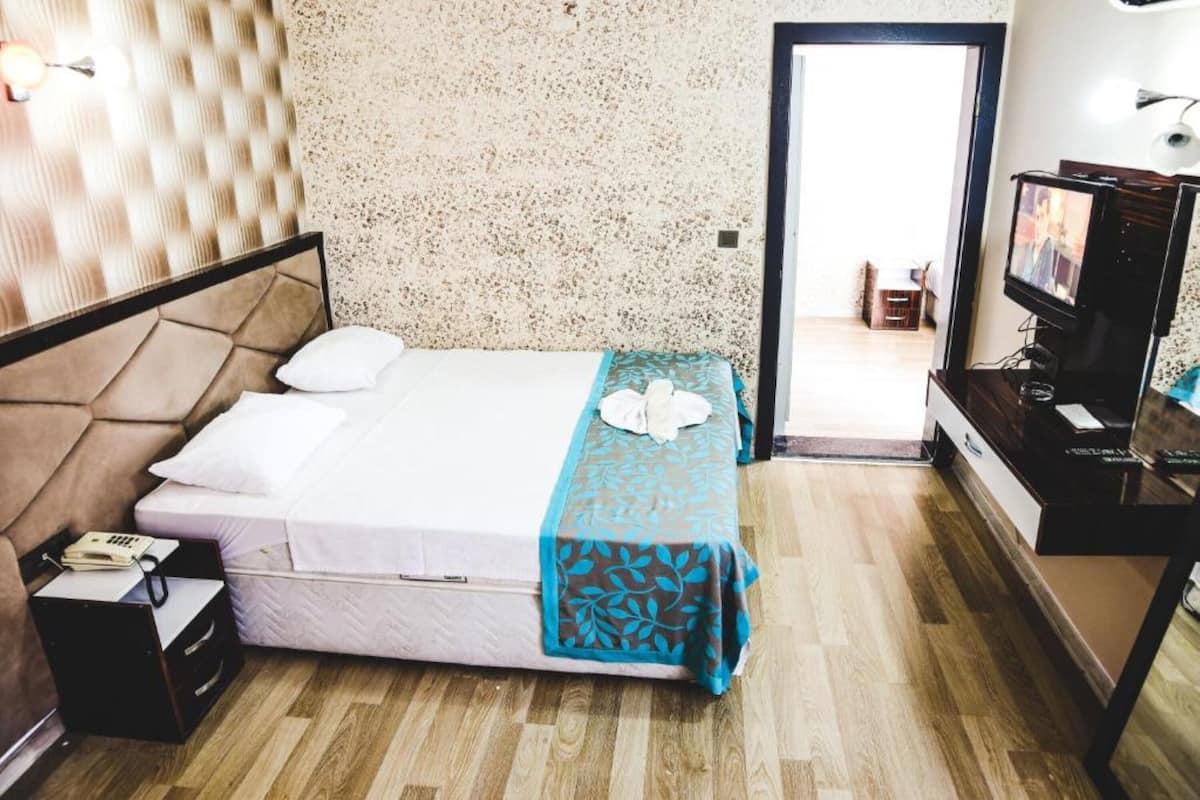 A hotel room with a bed, a desk with a computer, and a television.