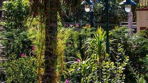 En frodig trädgård med tät växtlighet, en palm och en gatlykta.