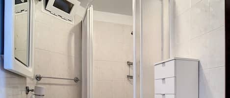 A modern bathroom with a shower, toilet, and sink.