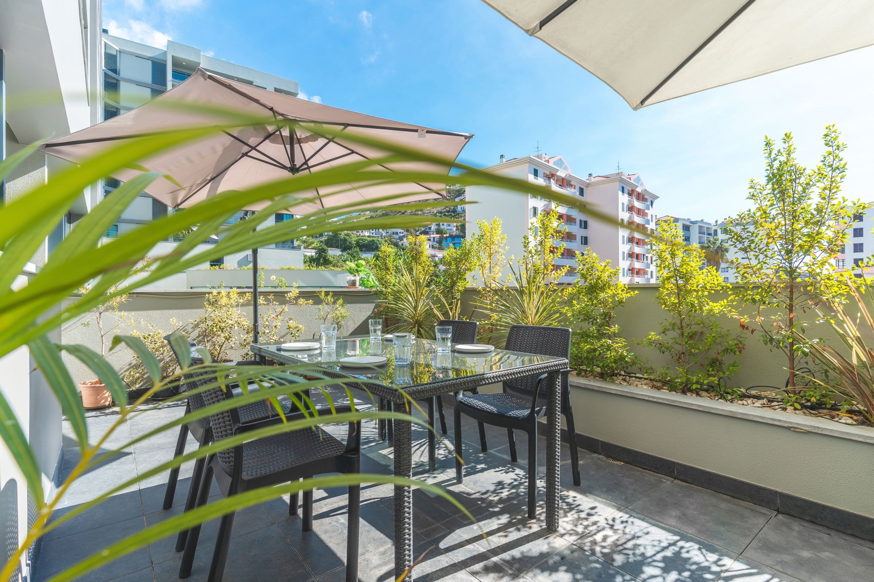Eine Terrasse im Freien mit Tisch und Stühlen, umgeben von Blumentöpfen und Blick auf Gebäude im Hintergrund.