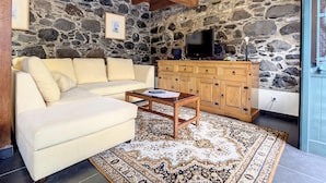 Uma sala de estar acolhedora, com parede de pedra, sofá bege, armário de madeira e tapete estampado.