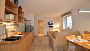 A compact kitchen with a microwave, oven, and sink. There is a TV mounted on the wall and a window providing natural light. - 5 Seasons House Zell am See - TOP 5 Summer Card (Zell am See)