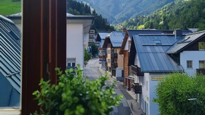 Blick aus einem Fenster auf eine Stadt mit traditionellen Gebäuden, dahinter eine Bergkette und ein Blumentopf am Fensterbrett.