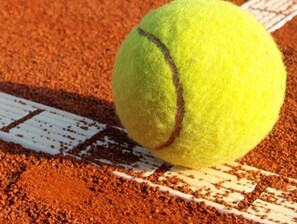 A tennis ball on a clay court with white boundary lines. - Penthouse Maisonette Zell City - 150m From Skilift (Zell am See)