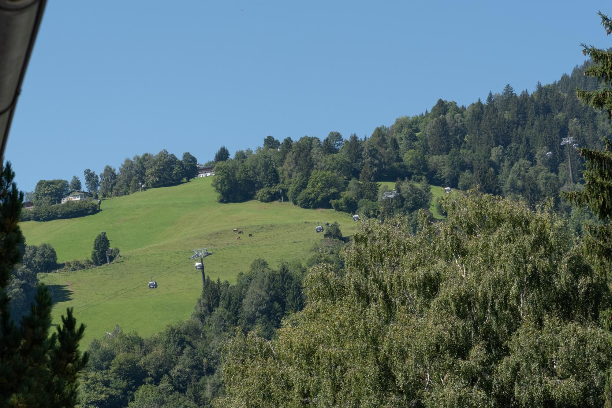 A green hillside with a house and a cable car.