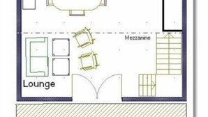 A floor plan with a bathroom, dining area, kitchen, lounge, mezzanine, and terrace. - 1 Bedroom Private vacation home in Ronsenac (Ronsenac)